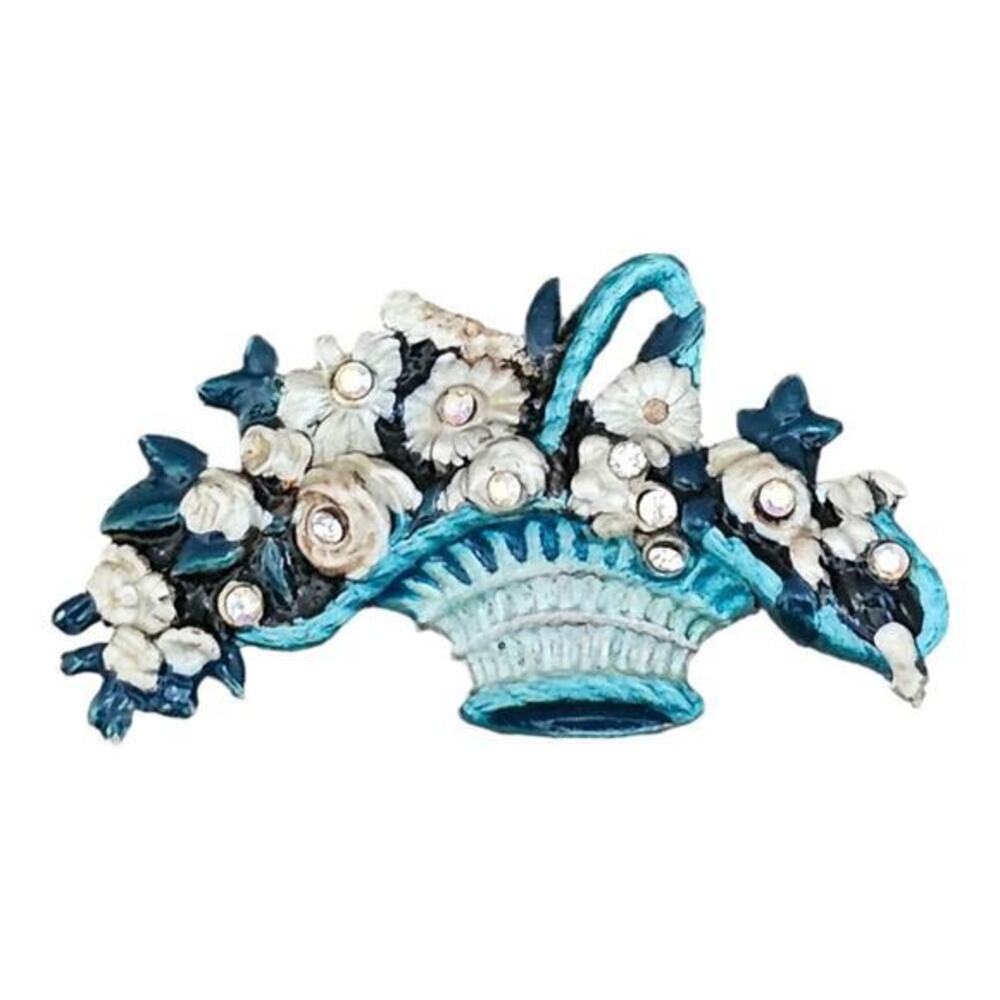 Vintage Style Turquoise Blue Enamel Flower Basket Brooch‎ Rhinestone Pin Floral